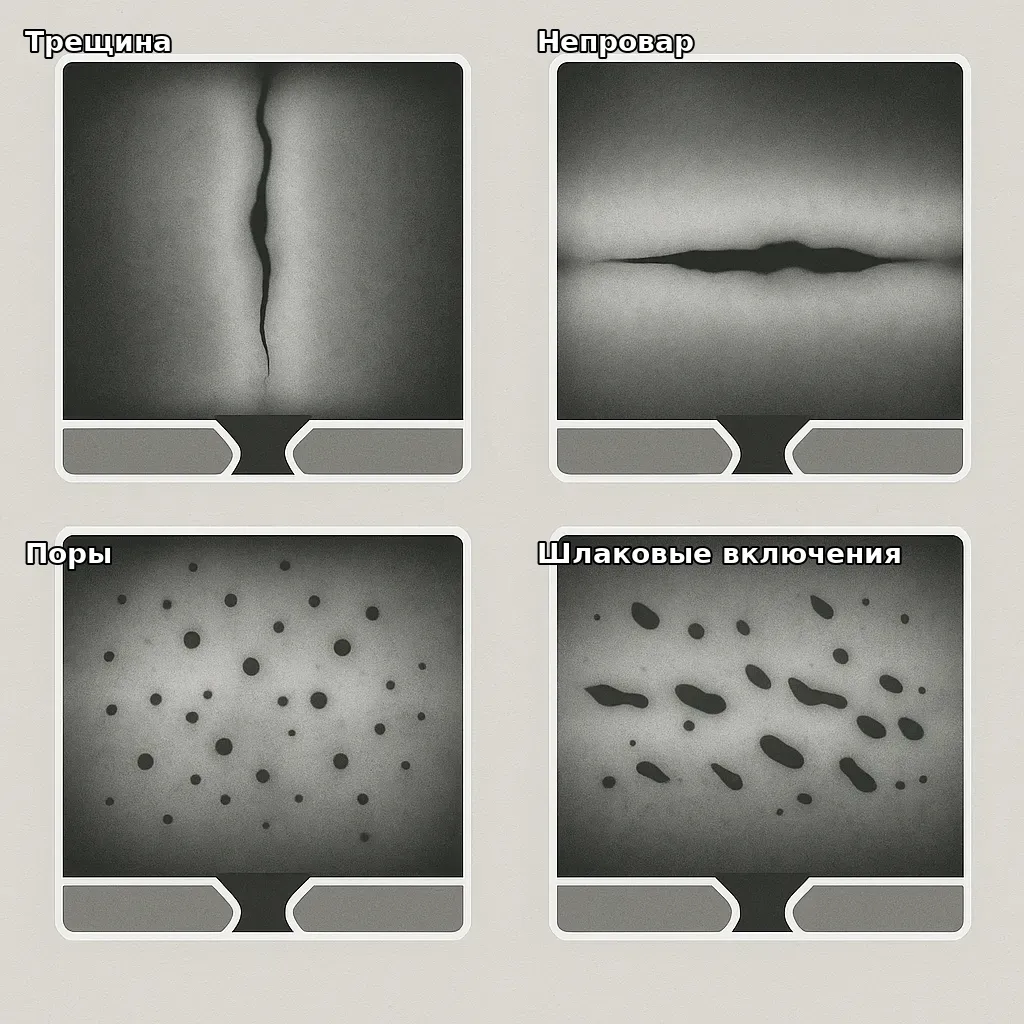 Типичные дефекты металлоконструкций на рентгеновских снимках - трещины, поры, непровары